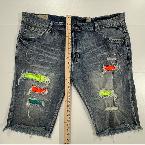 SMOKE RISE Denim Shorts Men Size 46 Distressed Neon Patch Frayed Hem 100 - Picture 8 of 12